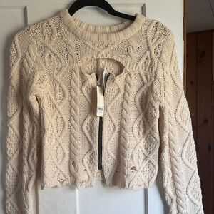 Buckle Chunky Cable Knit Zip-Front Sweater - Cream